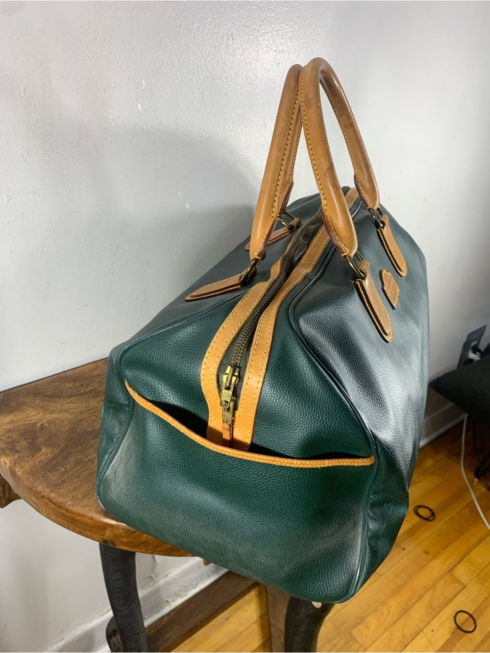 Vintage La Malle Bernard Paris Green Travel Bag Weekender Bag Tan Leather Handle